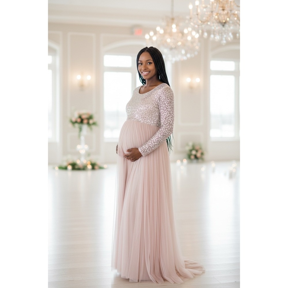 Maya Deluxe Maternity Sequin Tulle Maxi Dress muted Blush Pink Size 8 fairycore‎